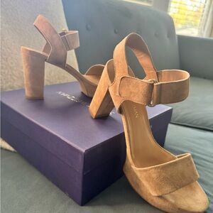 Stuart Weitzman Tan Suede Block Heel Sandals
